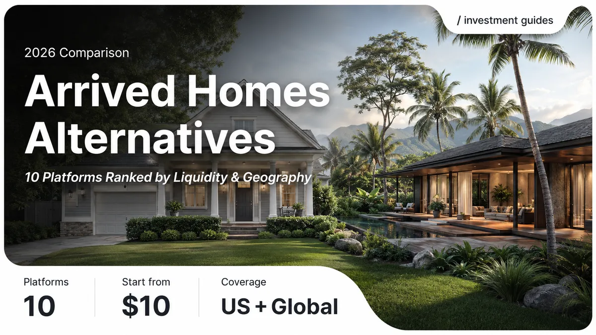 Split composition showing US single-family rental home on one side and international luxury villa on the other — representing Arrived Homes alternatives for global fractional real estate investors