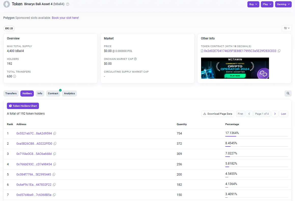 Polygon blockchain scanner page for Karra Loft 5 token