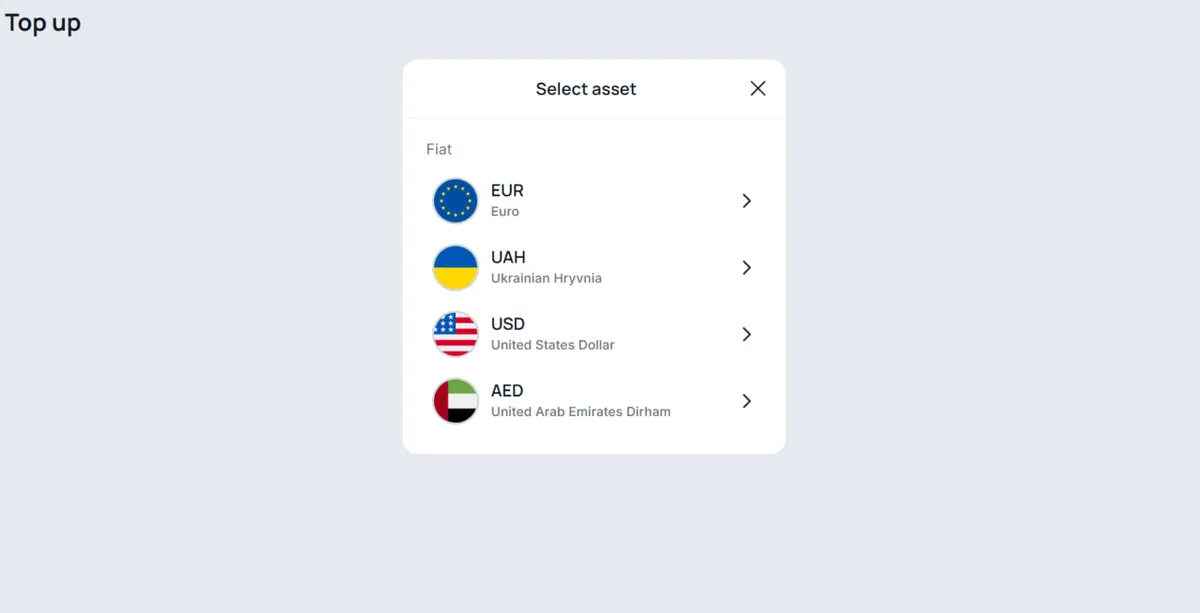 Вибір фіатної валюти для купівлі USDT на платформі Binaryx