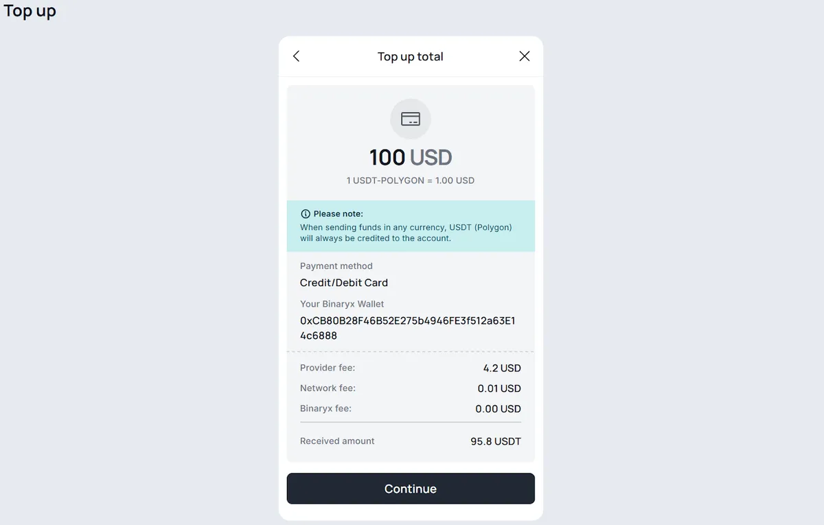 Підтвердження підсумкової суми поповнення на платформі Binaryx