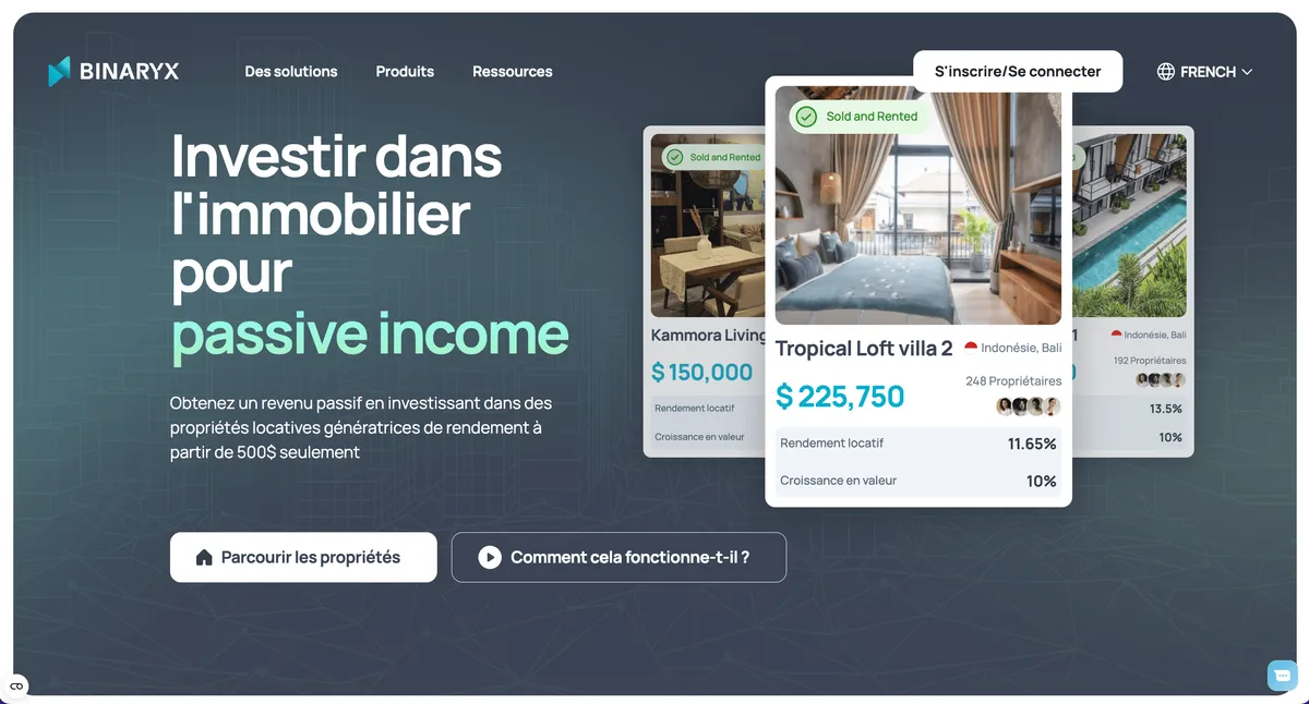 Plateforme Binaryx, tableau de bord d'investissement immobilier en ligne