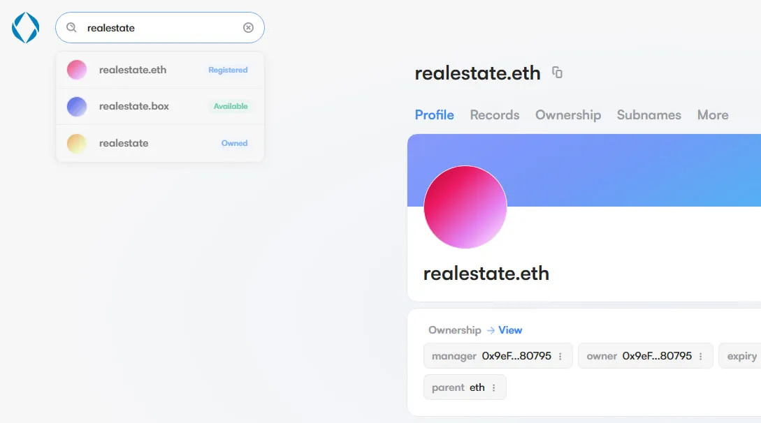 Web3-домен realestate.eth у сервісі Ethereum Name Service